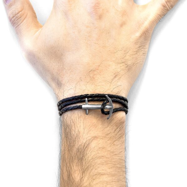 Admiral Anchor Silver and Braided Leather Bracelet - Coal Black - Image 2