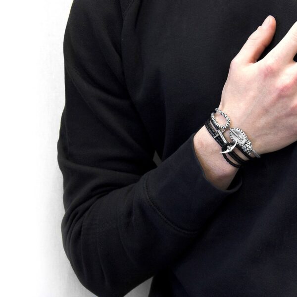 Admiral Anchor Silver and Braided Leather Bracelet - Coal Black - Image 3
