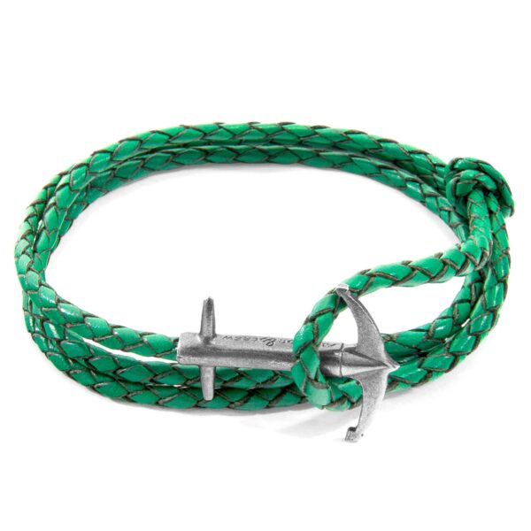 Admiral Anchor Silver and Braided Leather Bracelet - Fern Green - Image 2