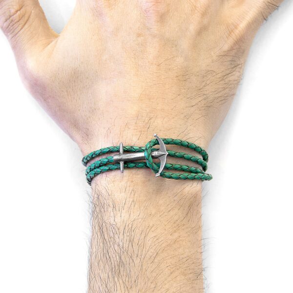 Admiral Anchor Silver and Braided Leather Bracelet - Fern Green - Image 3