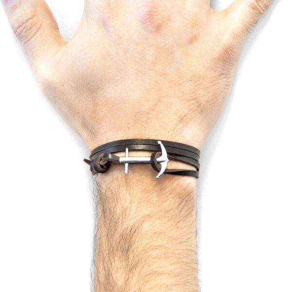 Admiral Anchor Silver and Flat Leather Bracelet - Dark Brown - Image 2