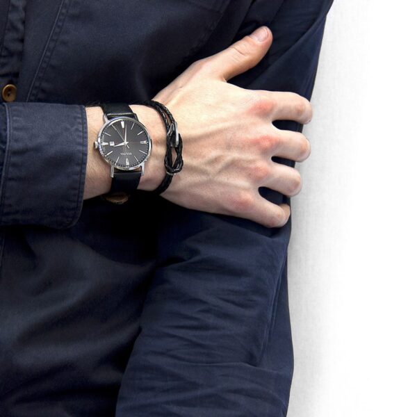 Padstow Silver and Braided Leather Bracelet - Coal Black - Image 3