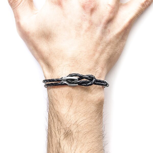 Padstow Silver and Braided Leather Bracelet - Coal Black - Image 2