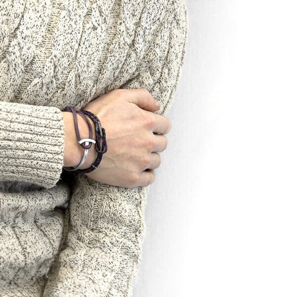 Padstow Silver and Braided Leather Bracelet - Grape Purple - Image 3