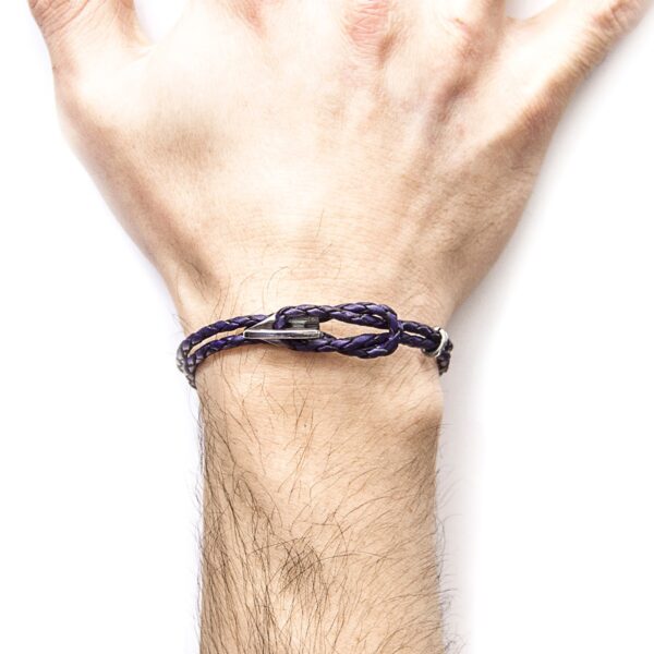 Padstow Silver and Braided Leather Bracelet - Grape Purple - Image 2
